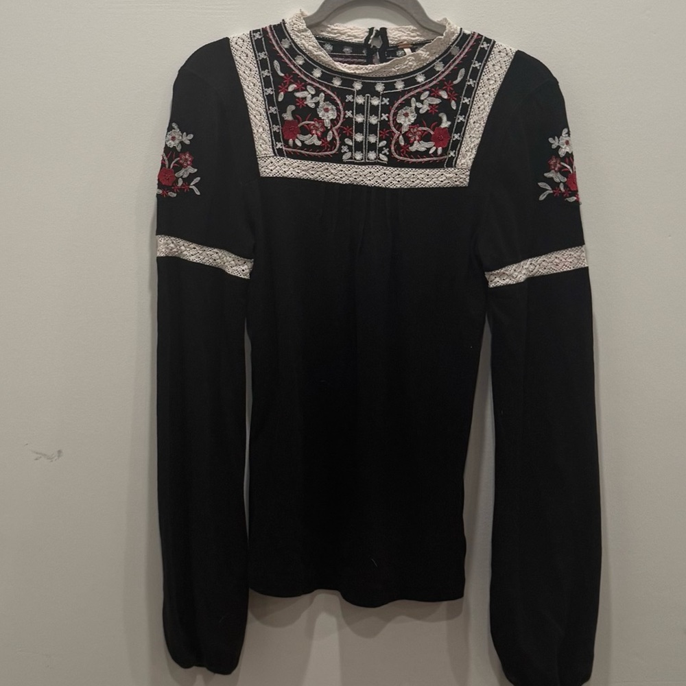 Free People Black Blouse with Red and White Embroidery